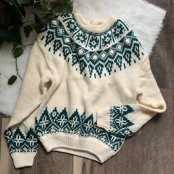 Vintage 90s chunky knit sweater with fur trim (S)